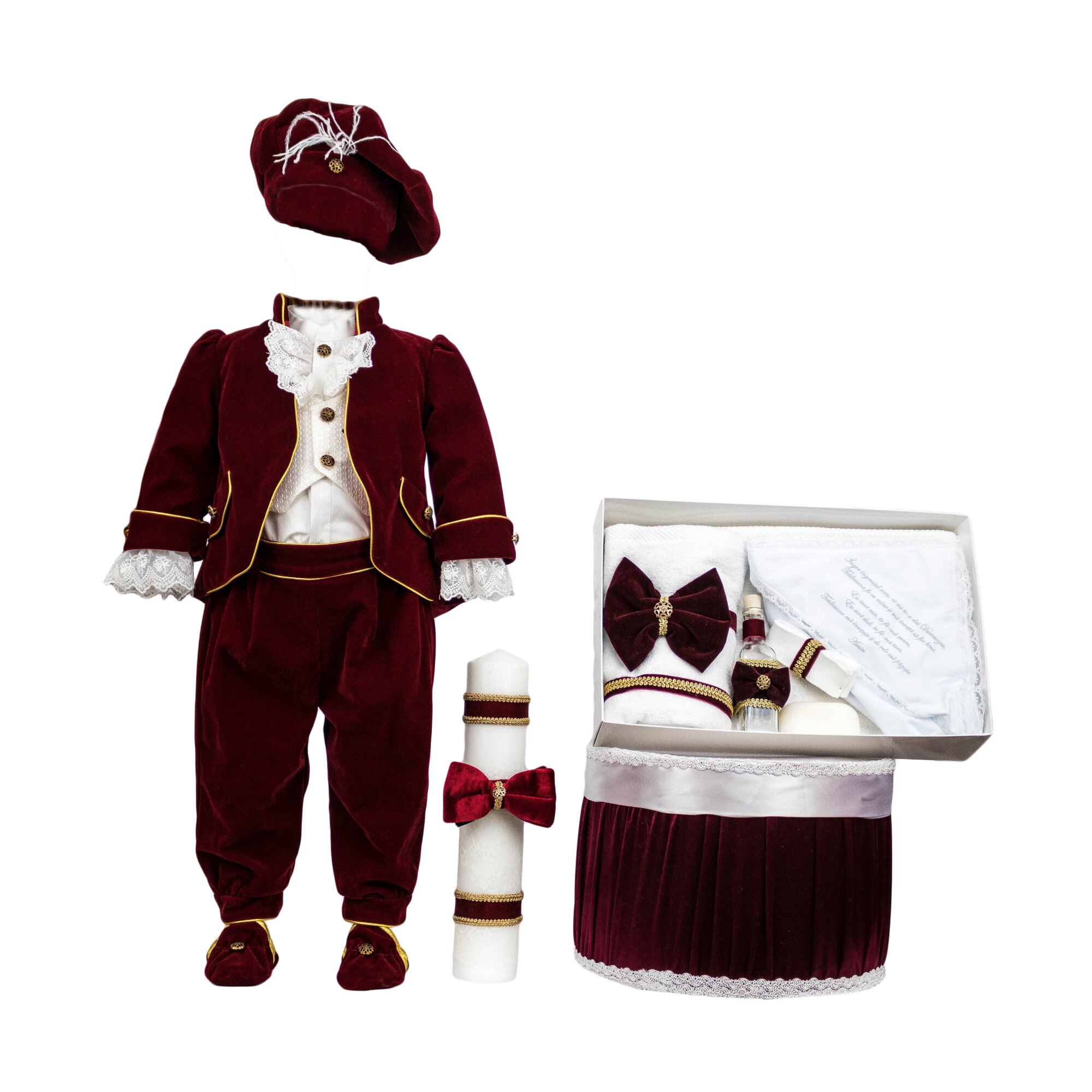 Set botez Printul Fericit din catifea grena, patru piese, varsta 0-3 luni