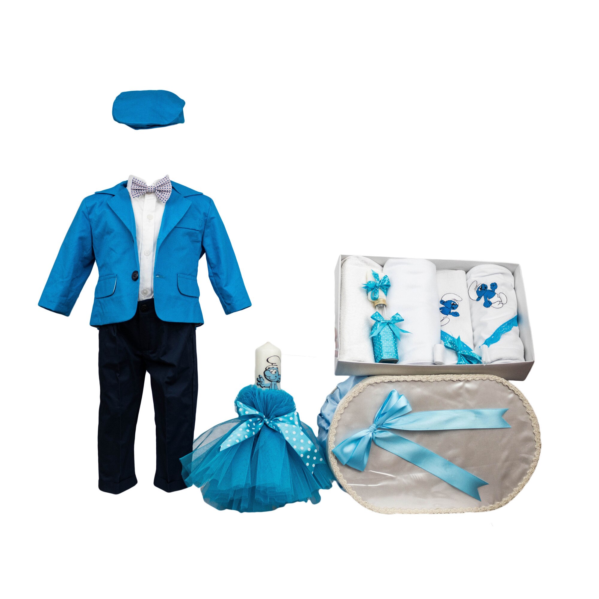 Set botez Strumf, patru piese bleu, varsta 0-3 luni