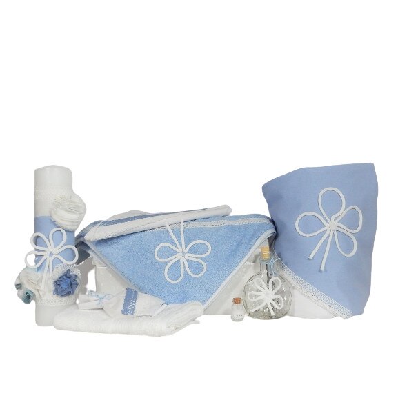 Set- trusou, paturica, lumanare si cufar pentru botez biserica, Odorul Mamei, BLEU -Ursitoarea cu Noroc, unicat, cu aplicatii handmade - set 10 piese