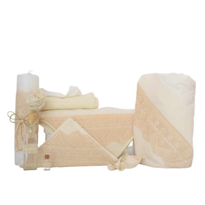 Set ivoire botez complet 10 piese - trusou, paturica, lumanare si cufar pentru botez biserica, - Dantela Bunicii, Odorul Mamei