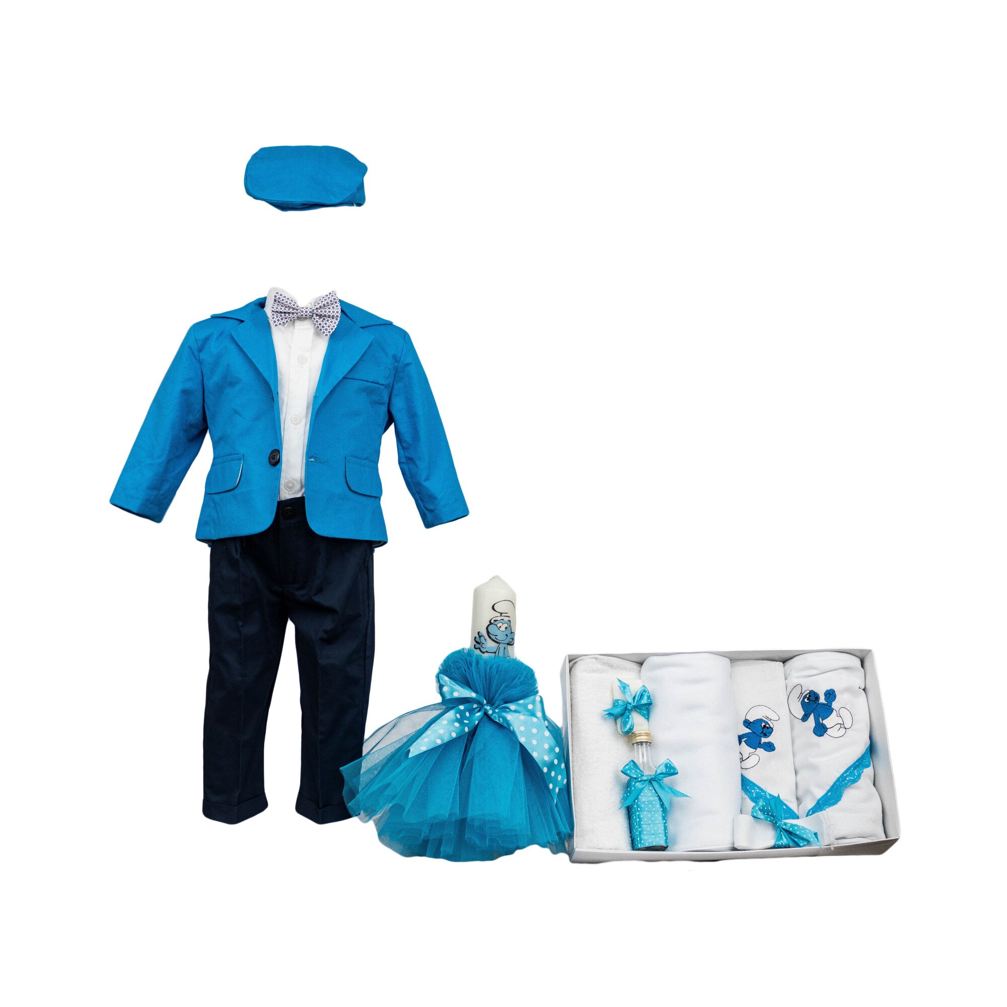 Set botez Strumf, trei piese bleu, varsta 0-3 luni