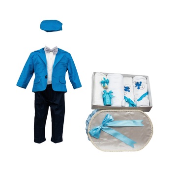 Set botez Strumf, trei piese bleu asortate, varsta 0-3 luni Set botez Strumf, trei piese bleu asortate, varsta 0-3 luni
