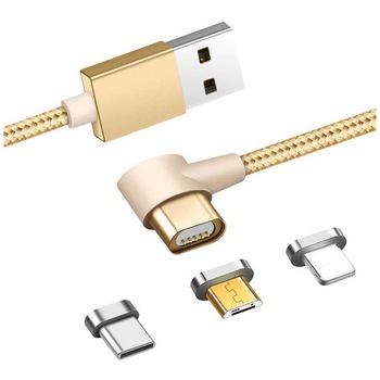 Cablu de date / incarcare magnetic 3 in 1 Micro USB, Type-C, Lightning 1m, auriu, BBL576 Cablu de date / incarcare magnetic 3 in 1 Micro USB, Type-C, Lightning 1m, auriu, BBL576