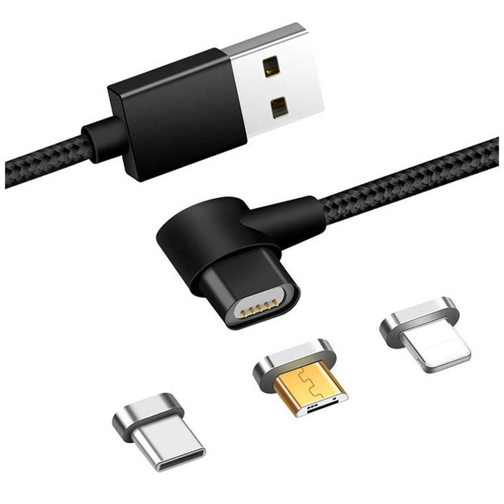 Cablu de date / incarcare magnetic 3 in 1 Micro USB, Type-C, compatibil cu Apple, 1m, negru, BBL577