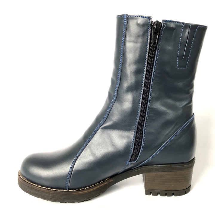 Ghete dama cu toc jos si talpa antiderapanta din piele naturala Mateo Shoes, Albastru