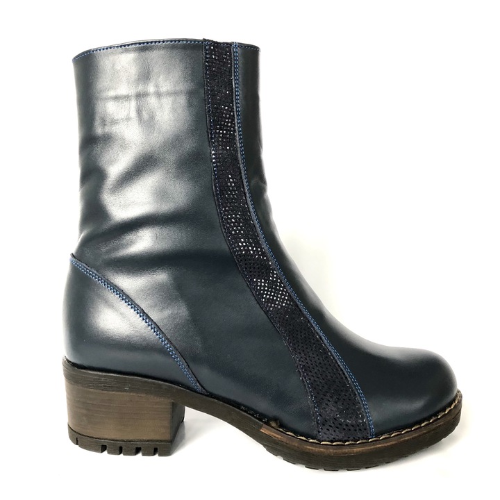 Ghete dama cu toc jos si talpa antiderapanta din piele naturala Mateo Shoes, Albastru