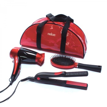 Uscator de par Medicura setul contine 4 produse uscator de par Medicura ARM 350, 1200 W + placa de par, invelis ceramic + perie par + borseta, rosu + negru Uscator de par Medicura setul contine 4 produse uscator de par Medicura ARM 350, 1200 W + placa de par, invelis ceramic + perie par + borseta, rosu + negru