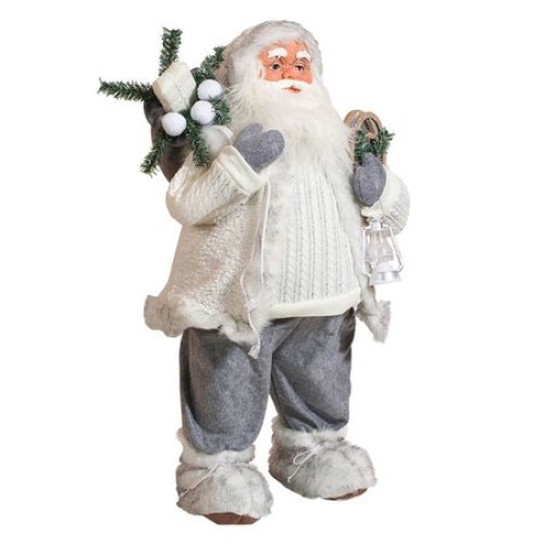 Figurina decorativa Mos Craciun cu sac de cadouri si felinar, alb, 60 cm