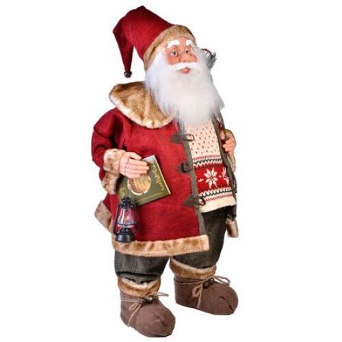 Figurina decorativa Mos Craciun cu sac de cadouri si felinar, rosu, 60 cm