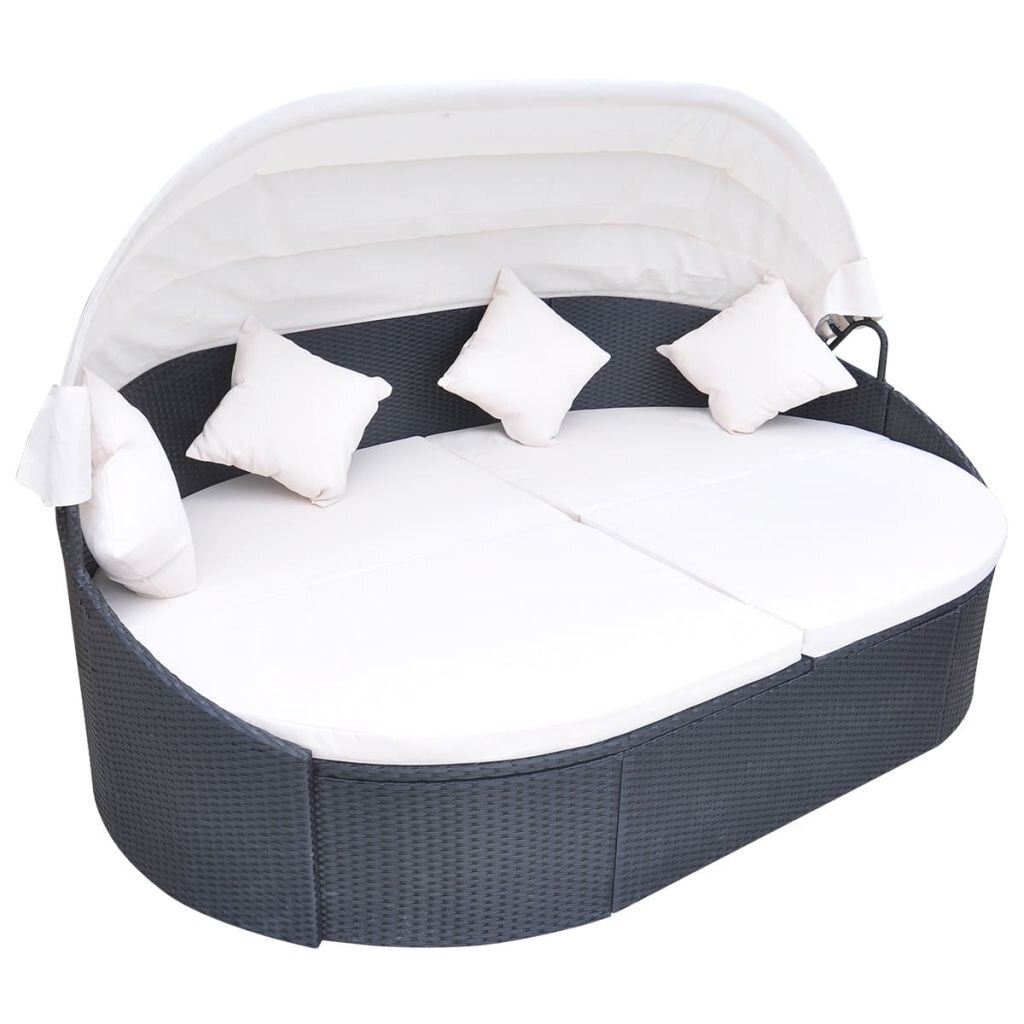 Sezlong din poliratan cu parasolar cu saltea si perne, vidaXL, Negru, 230 x 145 x 80 cm