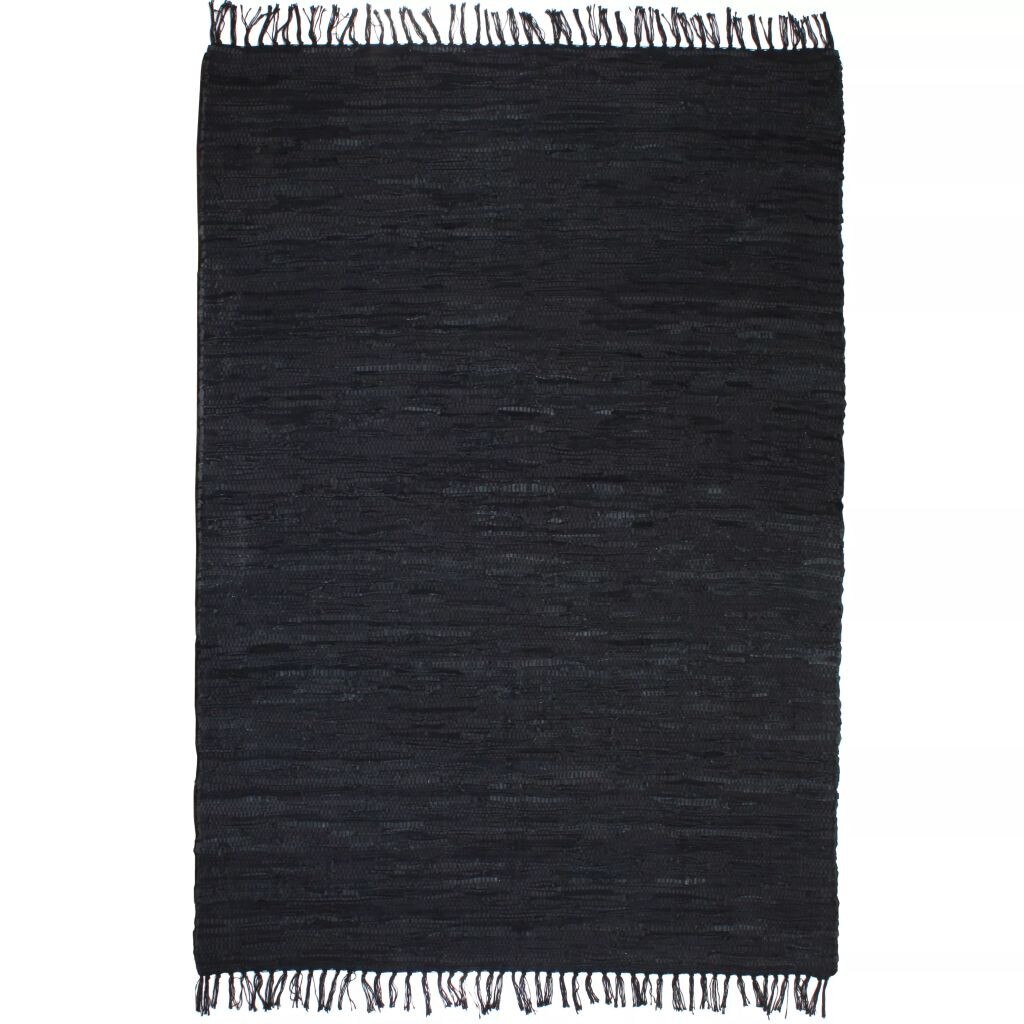 Covor Chindi, tesut manual, vidaXL, Piele, 80 x 160 cm, Negru