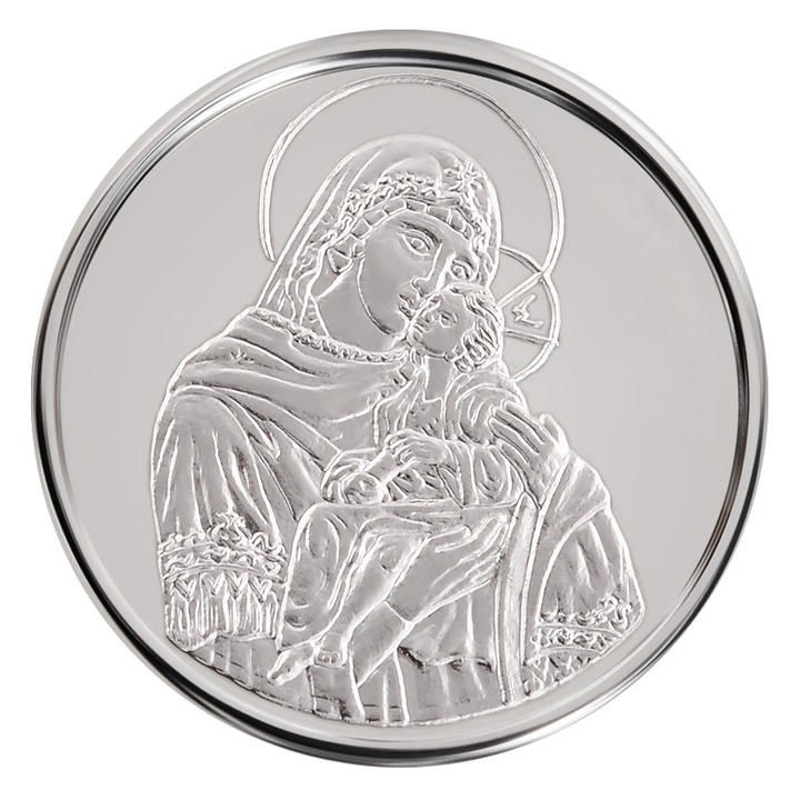 Medalie de argint Maica Domnului cu Pruncul, Greutate 3 gr, 1/10 oz, Diametru 16 mm, Grosime 3 mm, Metal Ag 999/1000, argint pur