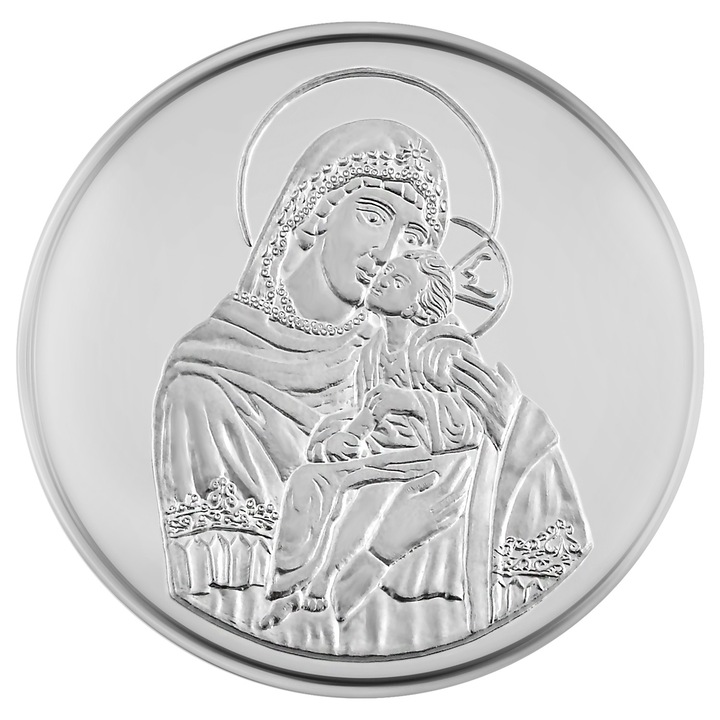 Medalie de argint Maica Domnului cu Pruncul, Greutate 15,55 g, 1/2 oz, Diametru 30 mm, Grosime 3 mm, Metal Ag 999/1000, argint pur