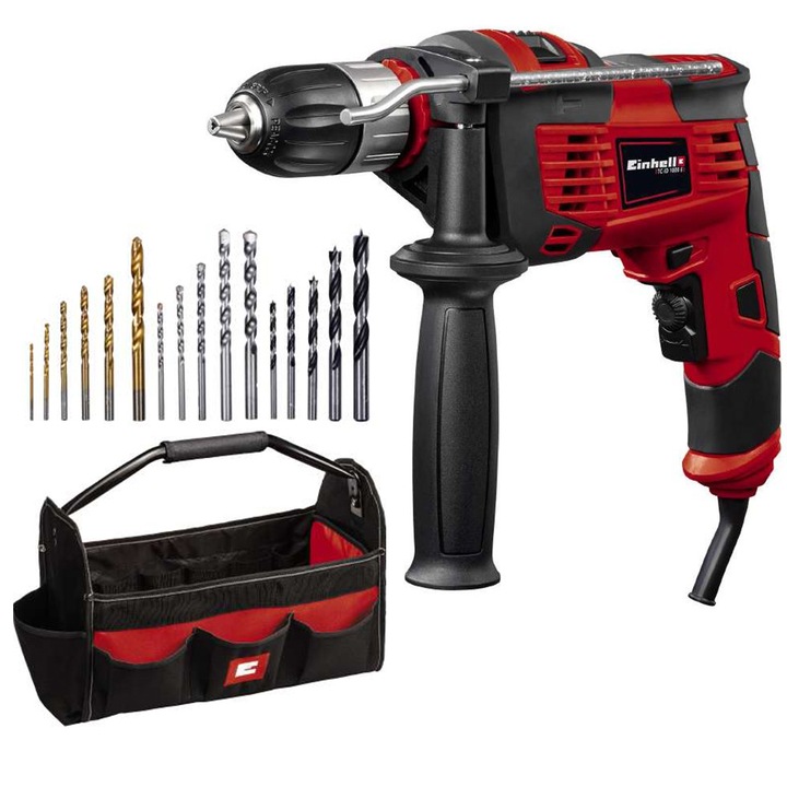Ударна бормашина Einhell TC-ID 1000 E, 1010 W, Aвтоматичен патронник 13 м + Комплект 16 бургии + Чанта за транспортиране