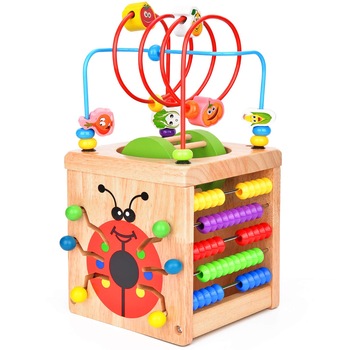 Cub educativ Montessori din lemn 6 in 1 cu activitati, ceas, numaratoare, labirinturi, roata, +1 an Cub educativ Montessori din lemn 6 in 1 cu activitati, ceas, numaratoare, labirinturi, roata, +1 an