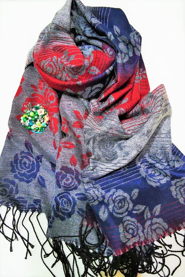 Sal casmir,fular lung,Roses Three,gri cu imprimeu multicolor