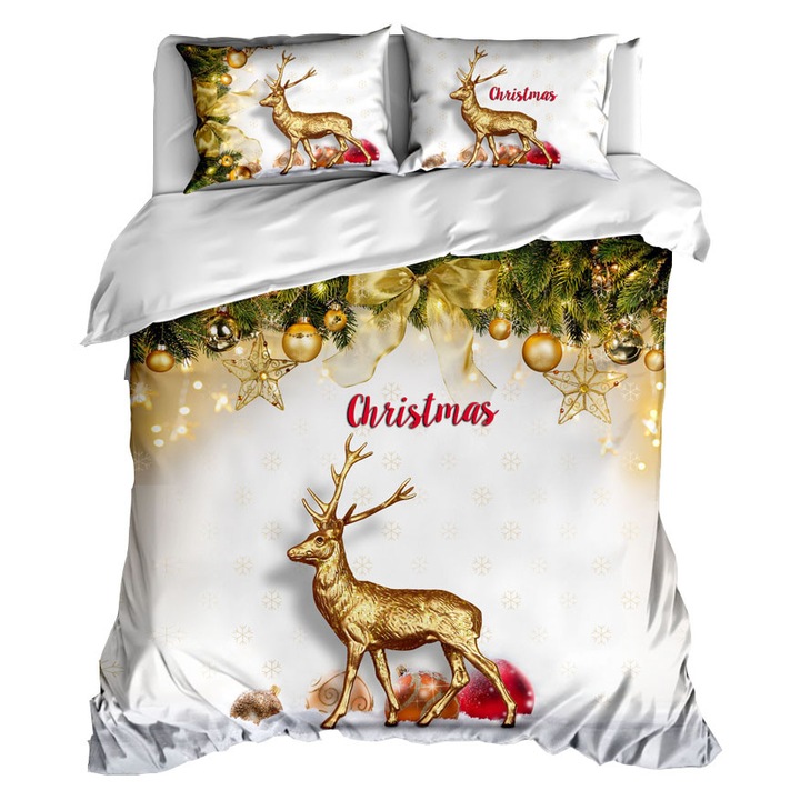Lenjerie pat dublu 3D Craciun bumbac 100% ranforce, 240 x 260 cm, Club Cotton, Degold