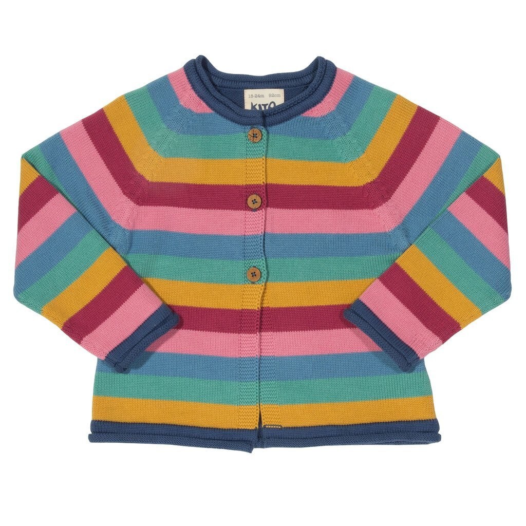 Cardigan tricotat pentru bebeluse, cu dungi colorate si dinozaur