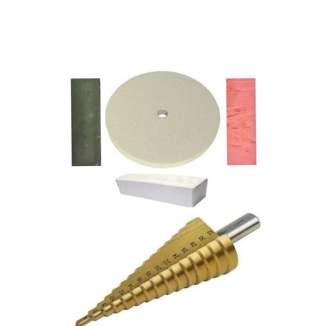 Kit Disc perie pasla slefuit D125 mm + pasta Verde + pasta Roz + pasta Alba + Freza in trepte, burghiu, 4mm-32mm