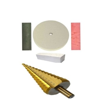 Kit Disc perie pasla slefuit D 200 mm + pasta Verde + pasta Roz + pasta Alba + Freza in trepte, burghiu, 4mm-39 mm Kit Disc perie pasla slefuit D 200 mm + pasta Verde + pasta Roz + pasta Alba + Freza in trepte, burghiu, 4mm-39 mm