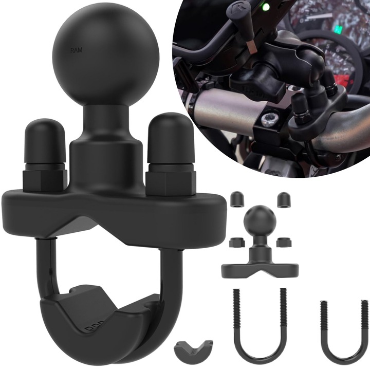 Baza fixare U-Bolt pentru ghidon, suport telefon, moto RAM Mounts, negru, zincat, bila 2,5 cm, RAM-B-231ZU