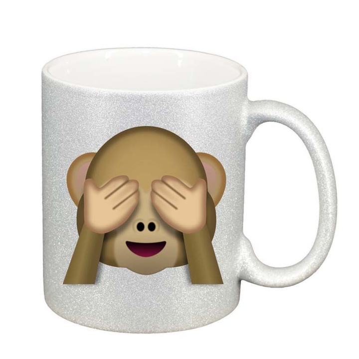 Cana Emoji Monkey, argintiu sidefata glitter, 330ml, D26