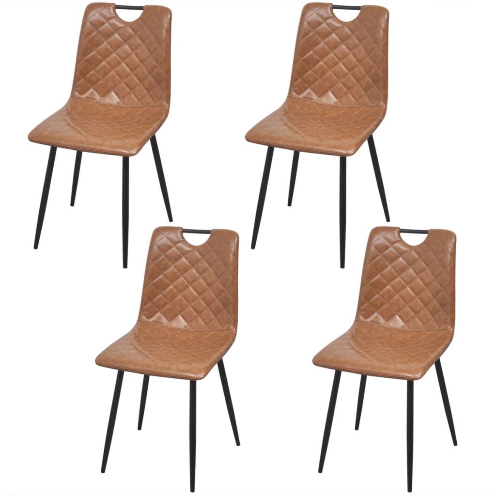 Set de 4 scaune de bucatarie cu design clasic, vidaXL, tapiterie din piele artificiala cu model de carouri, Maro deschis