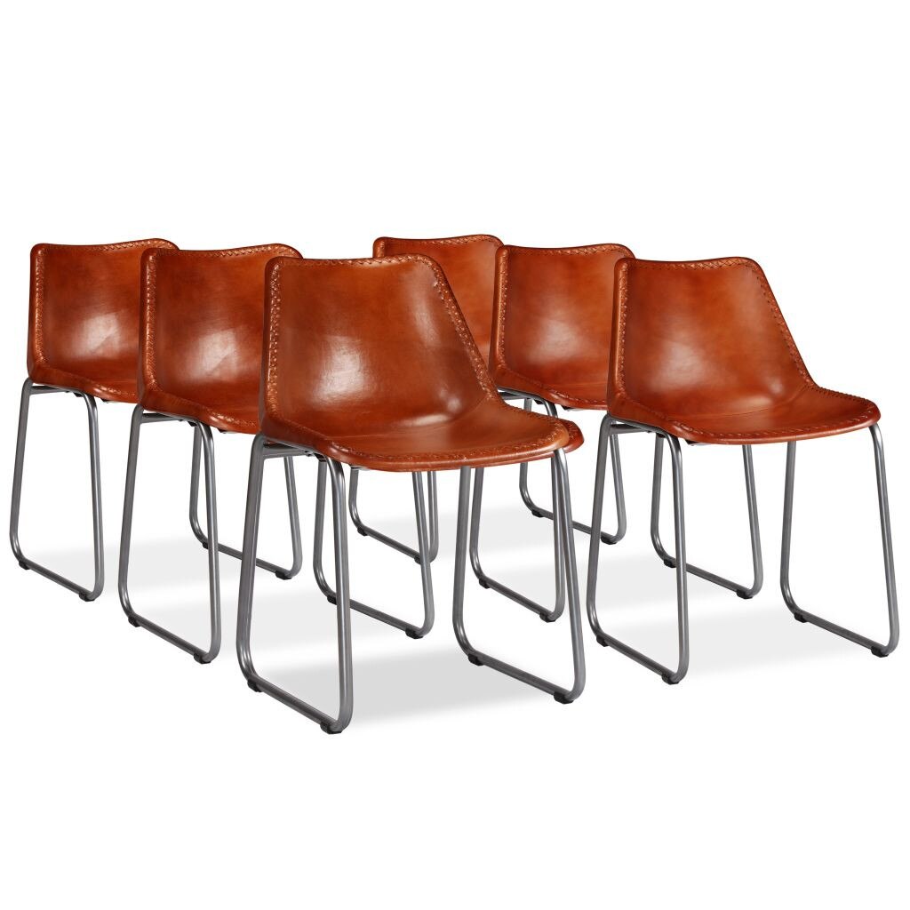 Set de 6 scaune de bucatarie, din piele naturala, vidaXL, Maro, 44 x 49 x 76 cm