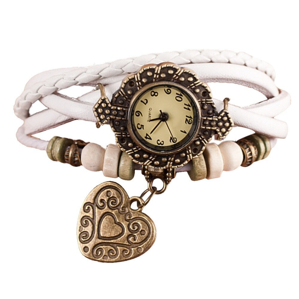 Ceas de dama retro alb cu accesoriu inimioara