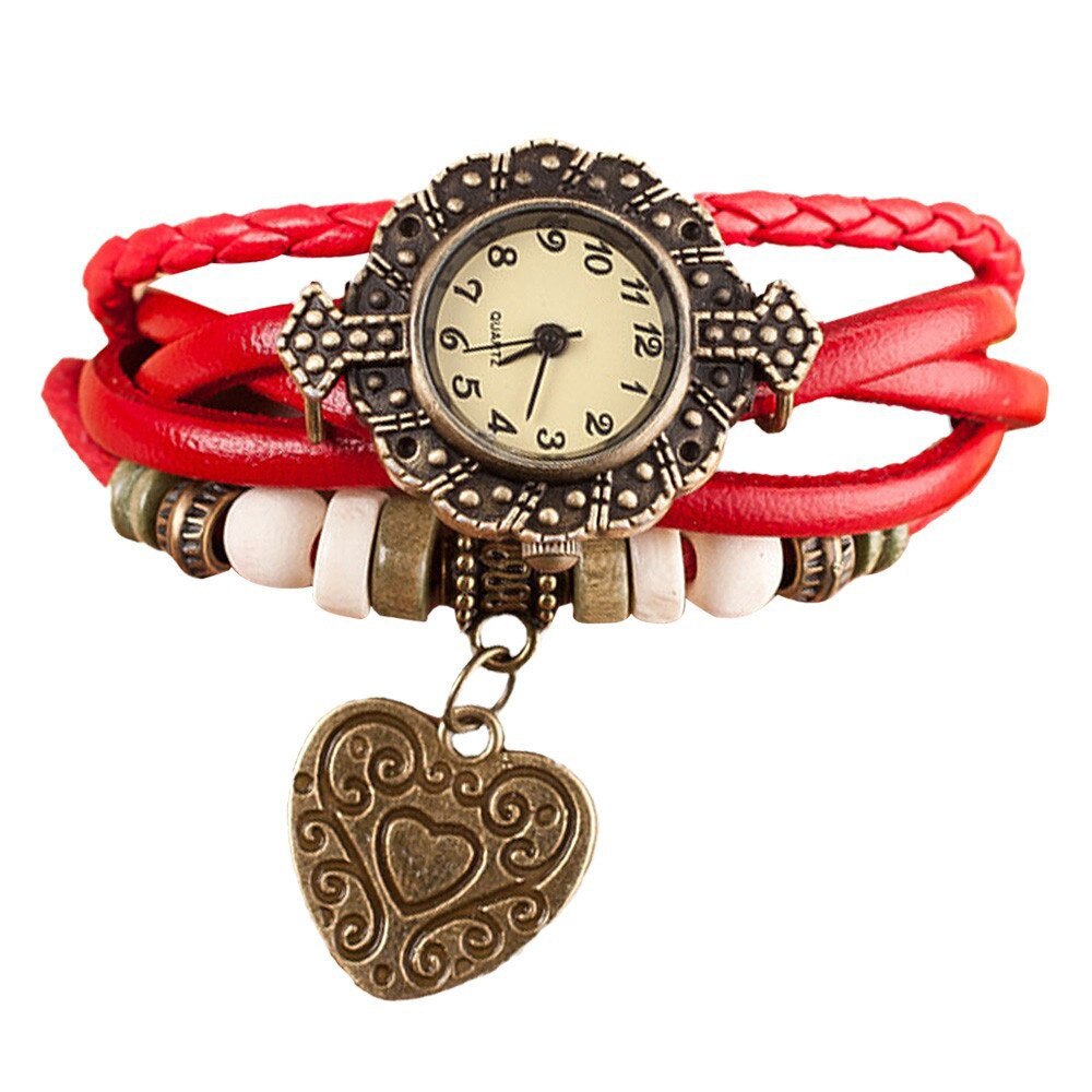 Ceas de dama retro rosu cu accesoriu inimioara