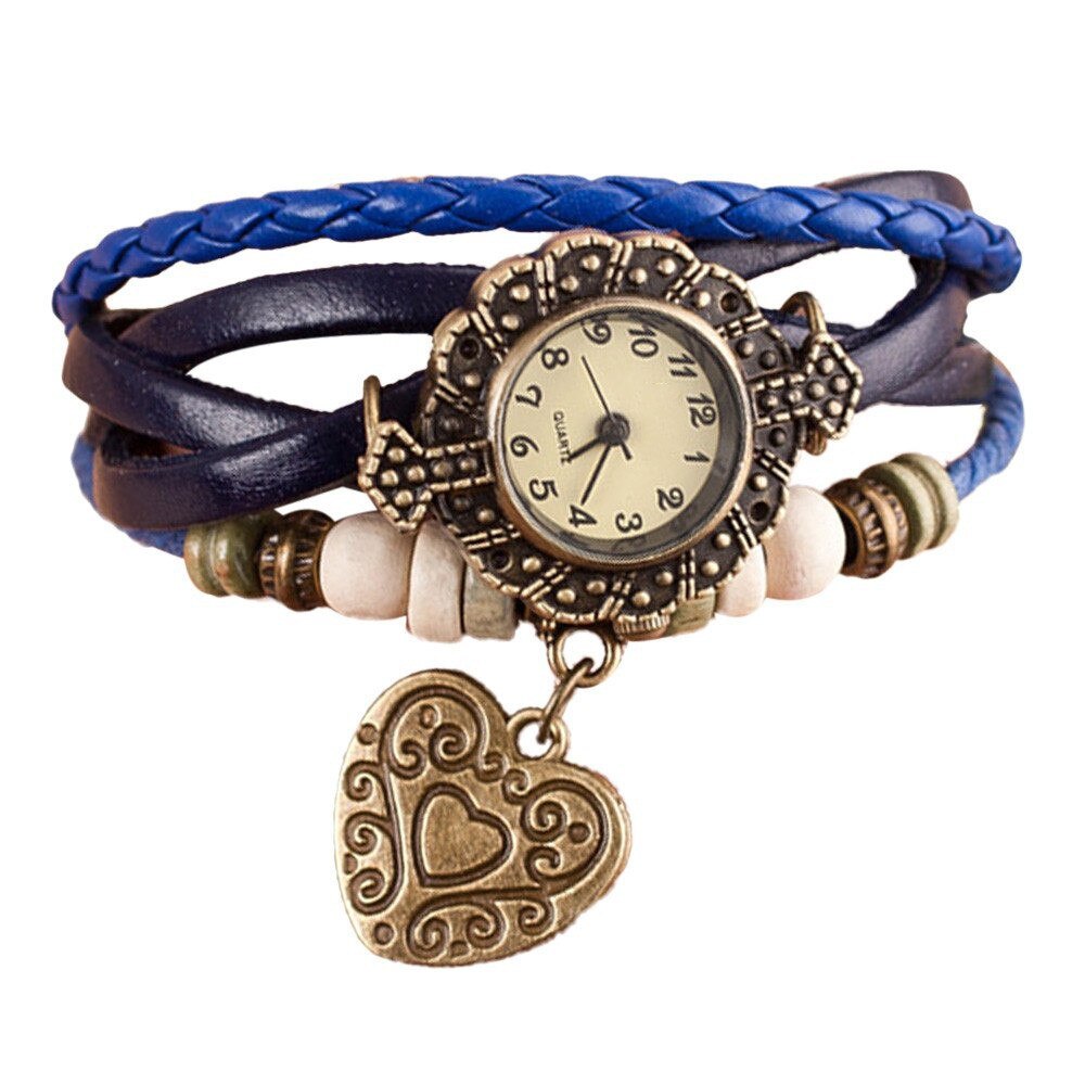 Ceas de dama retro albastru inchis cu accesoriu inimioara