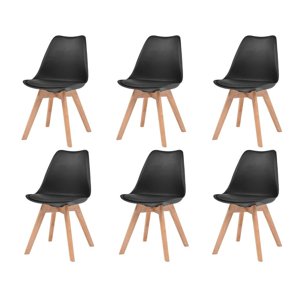 Set de 6 scaune de bucatarie, vidaXL, picioare din lemn de cauciuc, Negru, 48 x 53 x 83 cm