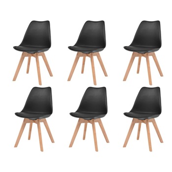 Set de 6 scaune de bucatarie, vidaXL, picioare din lemn de cauciuc, Negru, 48 x 53 x 83 cm Set de 6 scaune de bucatarie, vidaXL, picioare din lemn de cauciuc, Negru, 48 x 53 x 83 cm
