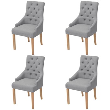 Set de 4 scaune de bucatarie, vidaXL, Tesatura si cadru de lemn de stejar, Gri Set de 4 scaune de bucatarie, vidaXL, Tesatura si cadru de lemn de stejar, Gri