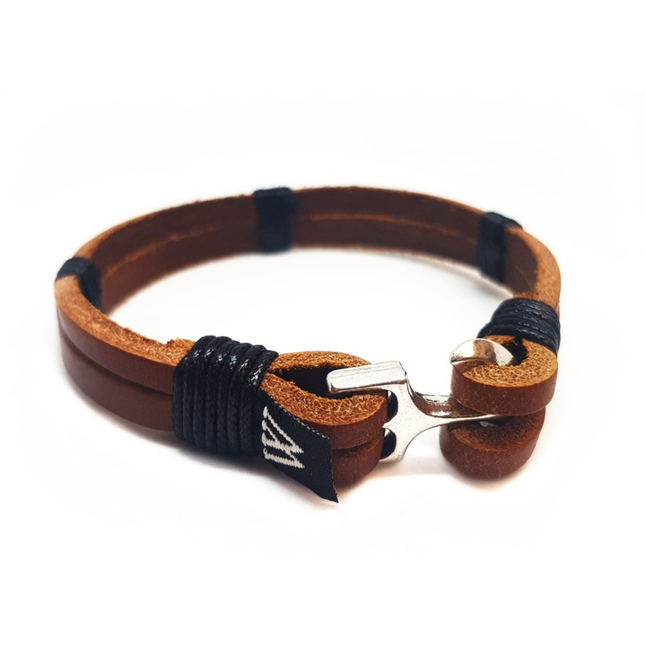 Bratara din piele naturala maro Wild Bracelets, lucrata 100% manual cu ancora argintie, 20 cm