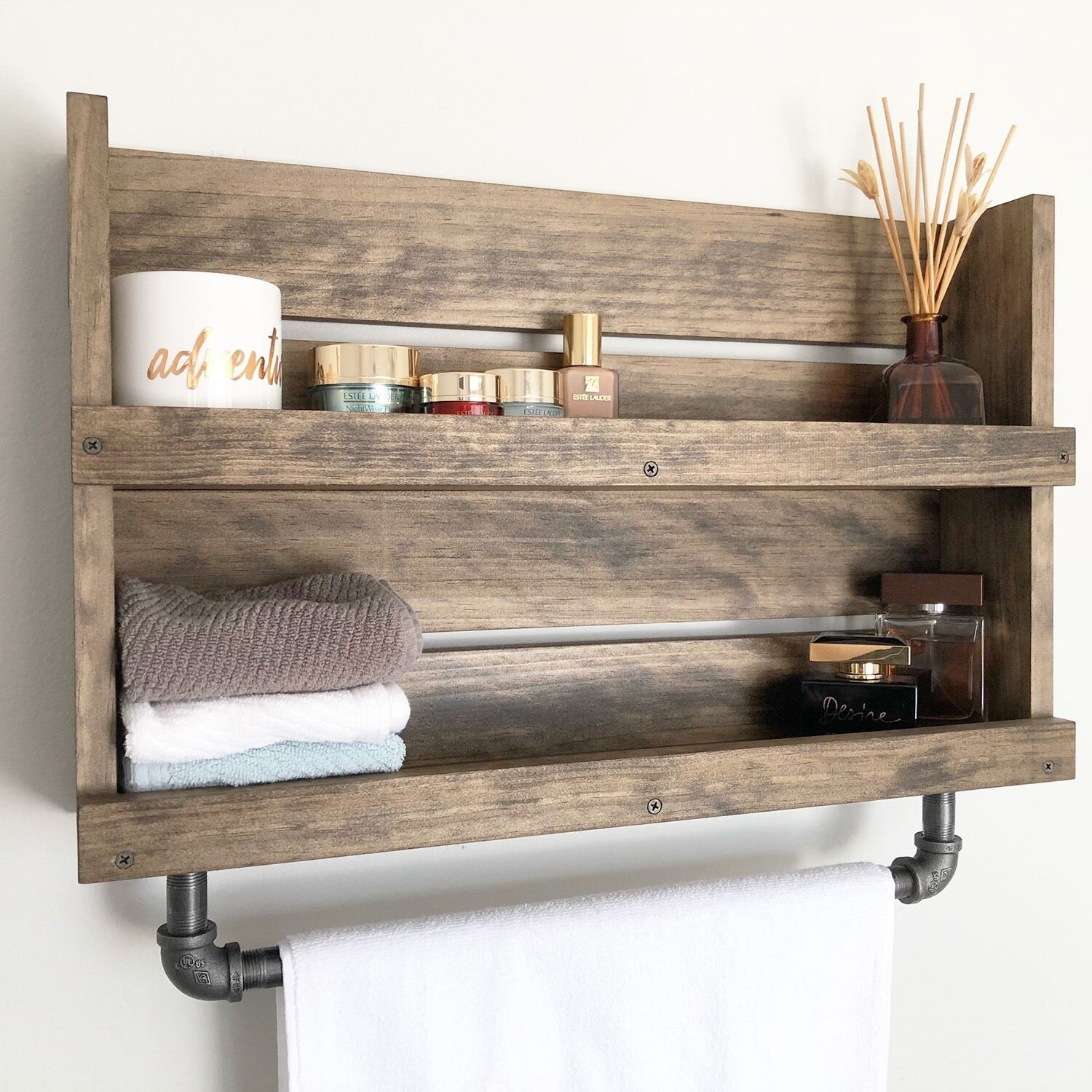 Scaffale A Muro In Mogano Adelia - 60x50x12 Cm, Con 2 Ripiani E 3 Cassetti, Perfetto Per Cucina O Bagno
