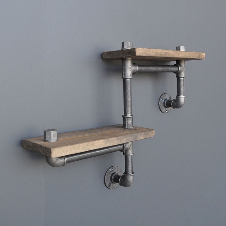 Raft de perete Evila Originals, 56x12x13 cm, lemn masiv, nuc/negru