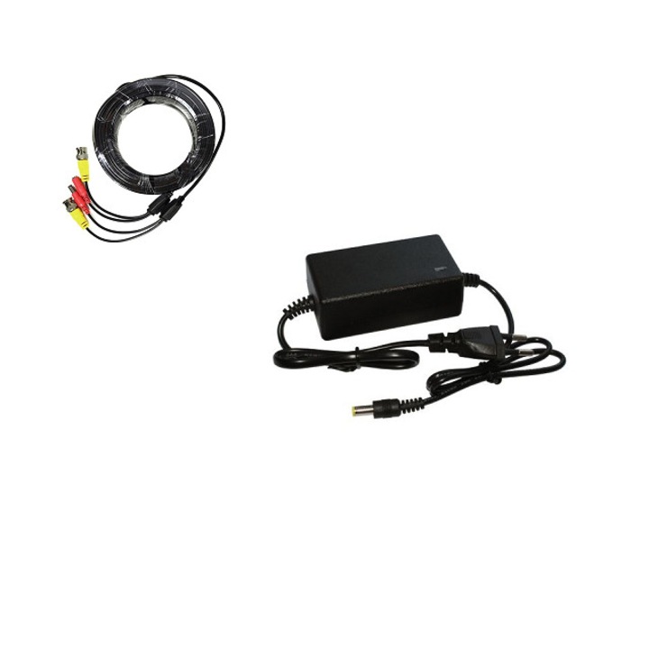Set-kit accesorii sistem supraveghere 1 camera-Alimentator 12V 2A + Cablu mufat Play&Plug 10 m