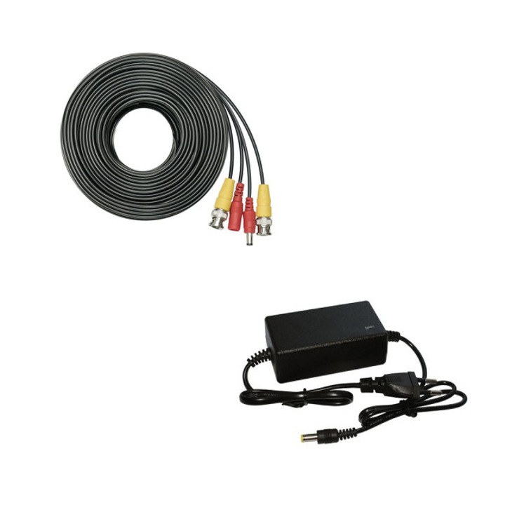 Set-kit accesorii sistem supraveghere 1 camera-Alimentator 12V 2A + Cablu mufat Play&Plug 50 m