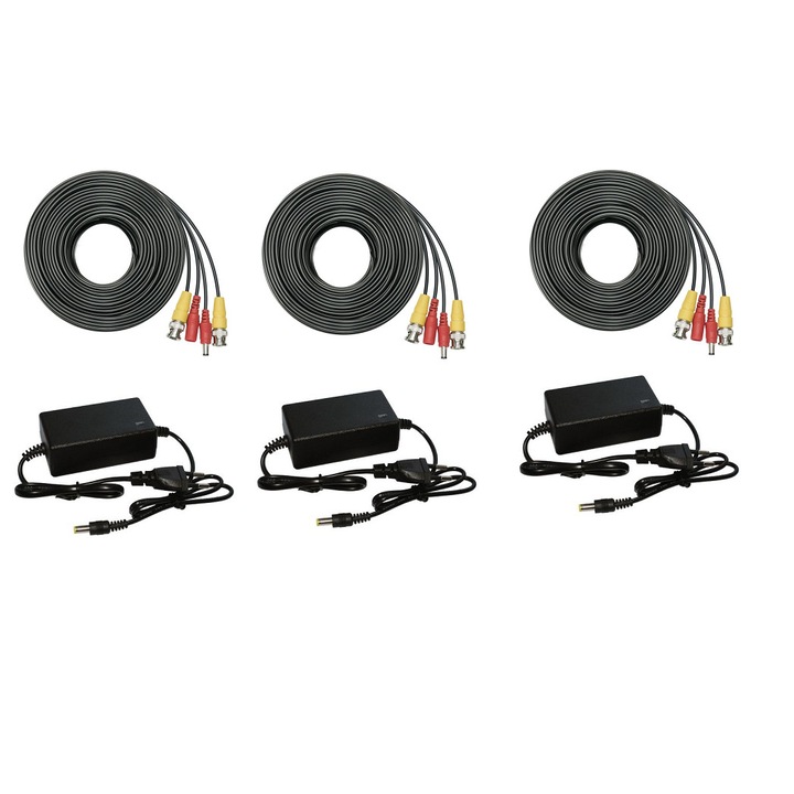Set-kit accesorii sistem supraveghere 3 camere cu Alimentator 12V 2A + Cablu mufat Play&Plug 50 m