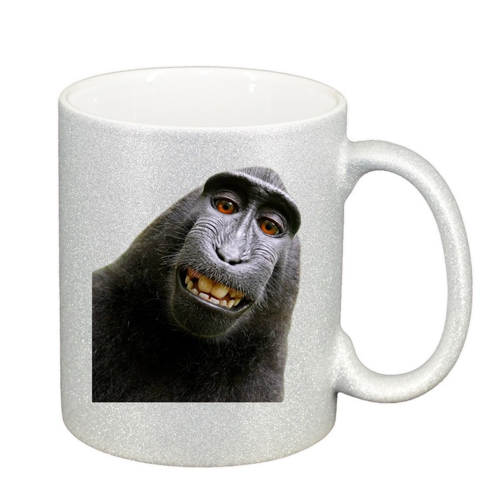 Cana personalizata, Monkey, glitter argintiu, ceramica, 330 ml