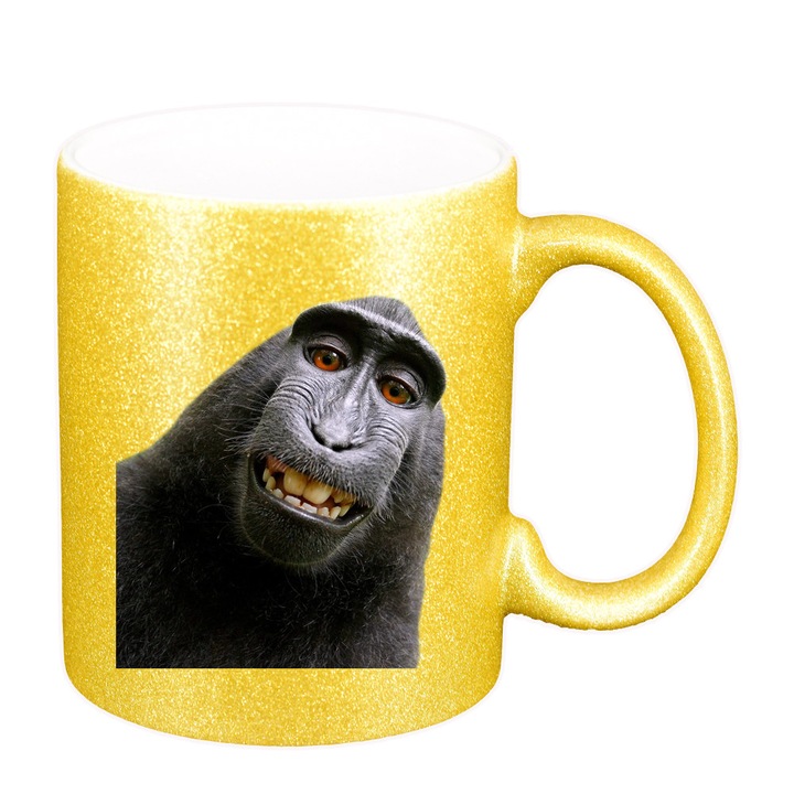 Cana personalizata, Monkey, glitter auriu, ceramica, 330 ml