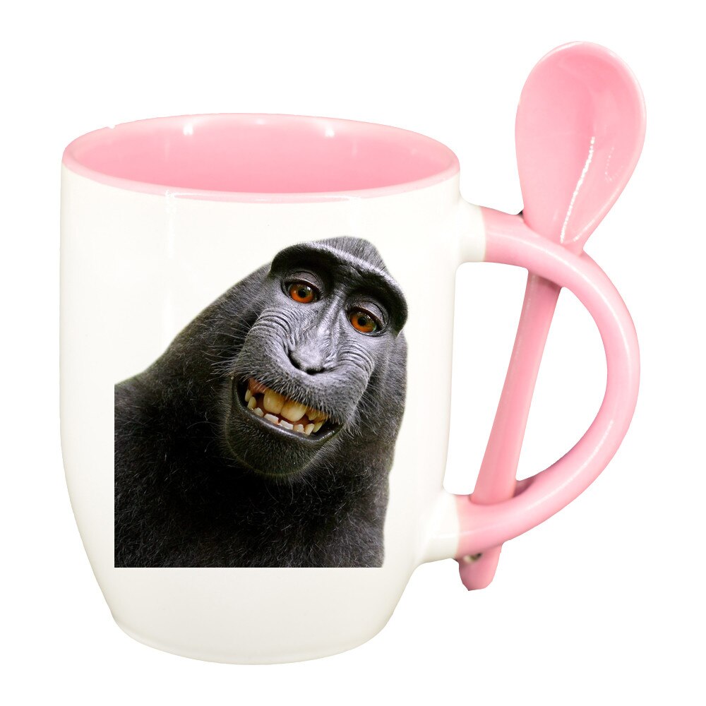 Cana personalizata, Monkey, roz lingurite ceramica, 330 ml