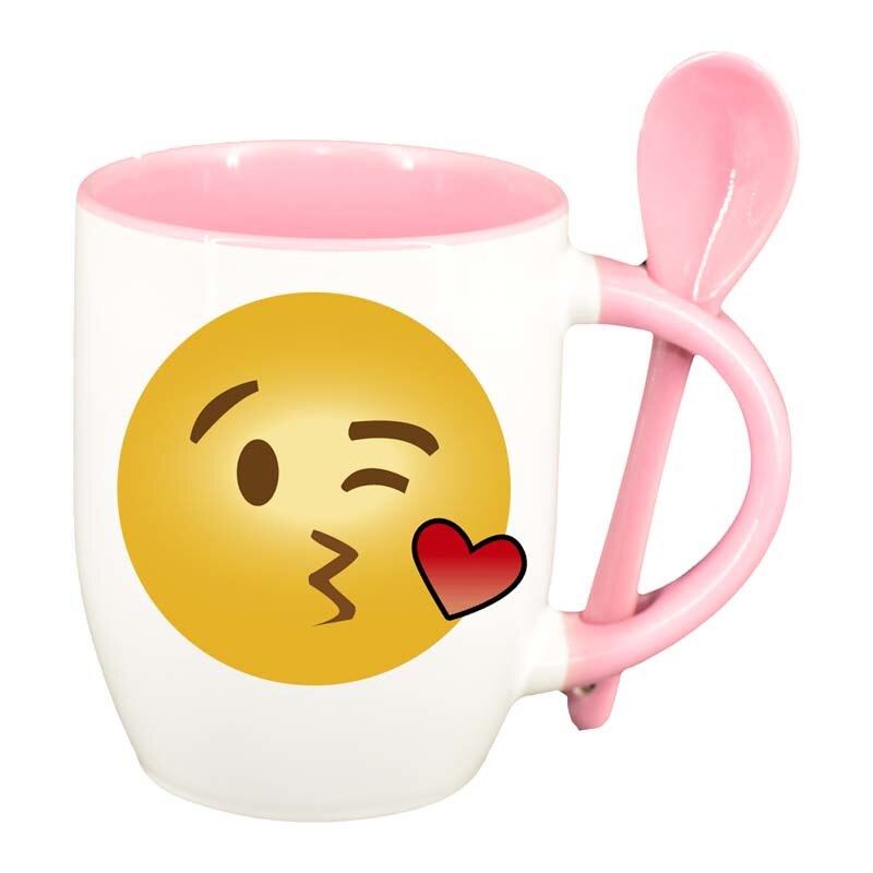 Cana Emoji Kiss cu lingurita, interior roz, 330ml, D27