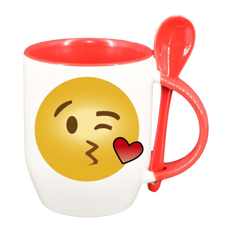Cana Emoji Kiss cu lingurita, interior rosu, 330ml, D27