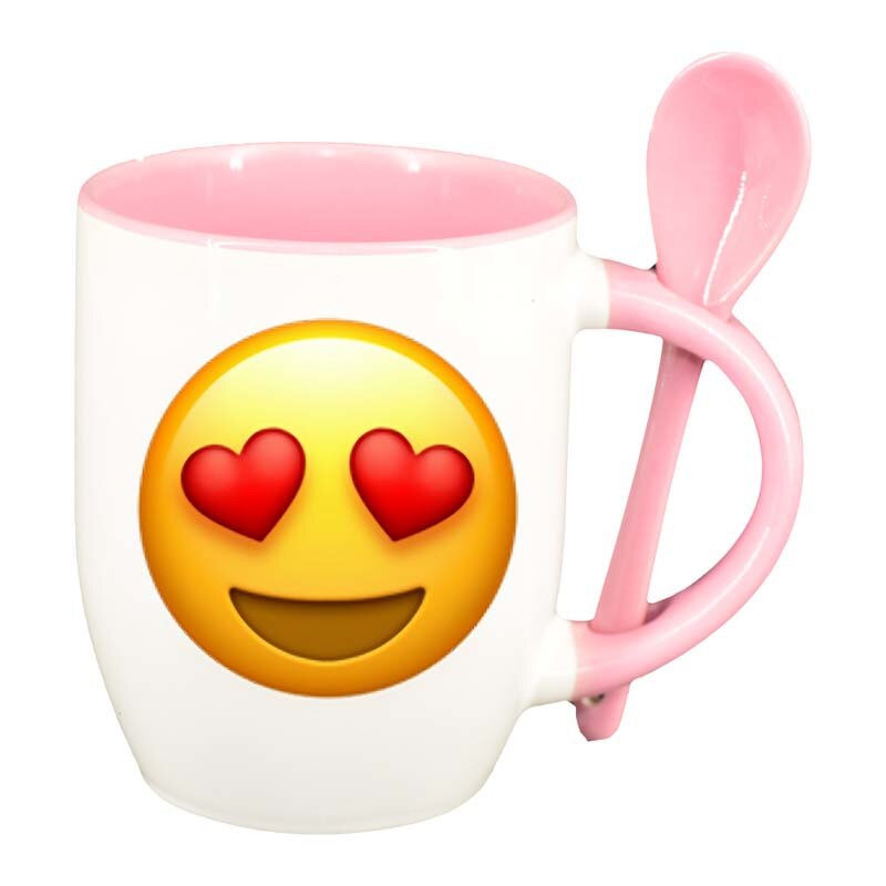 Cana Emoji Love cu lingurita, interior roz, 330ml, D35