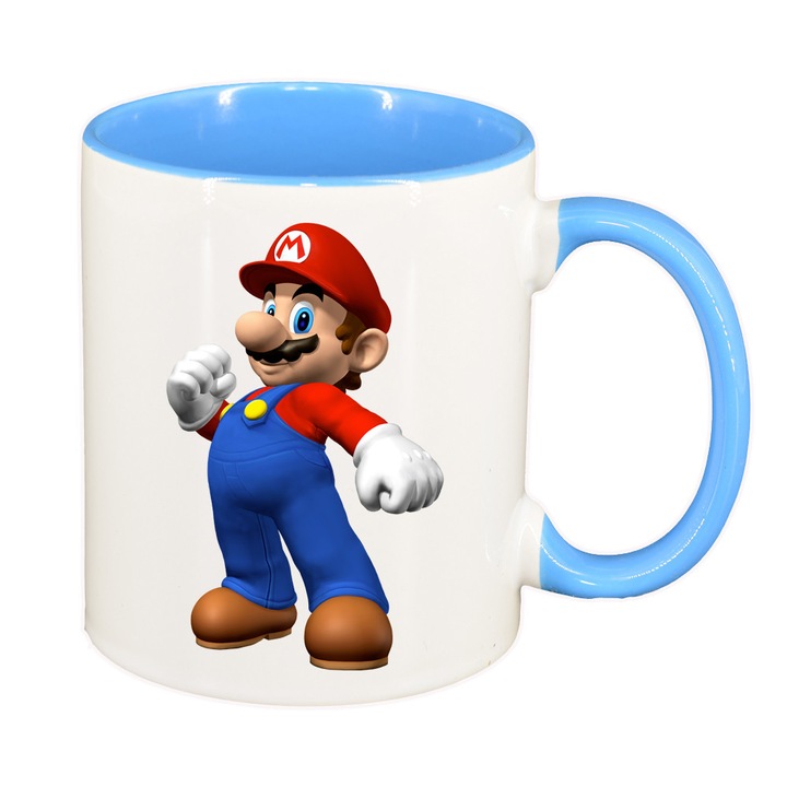 Cana personalizata, Mario, interior albastru deschis, ceramica, 330 ml