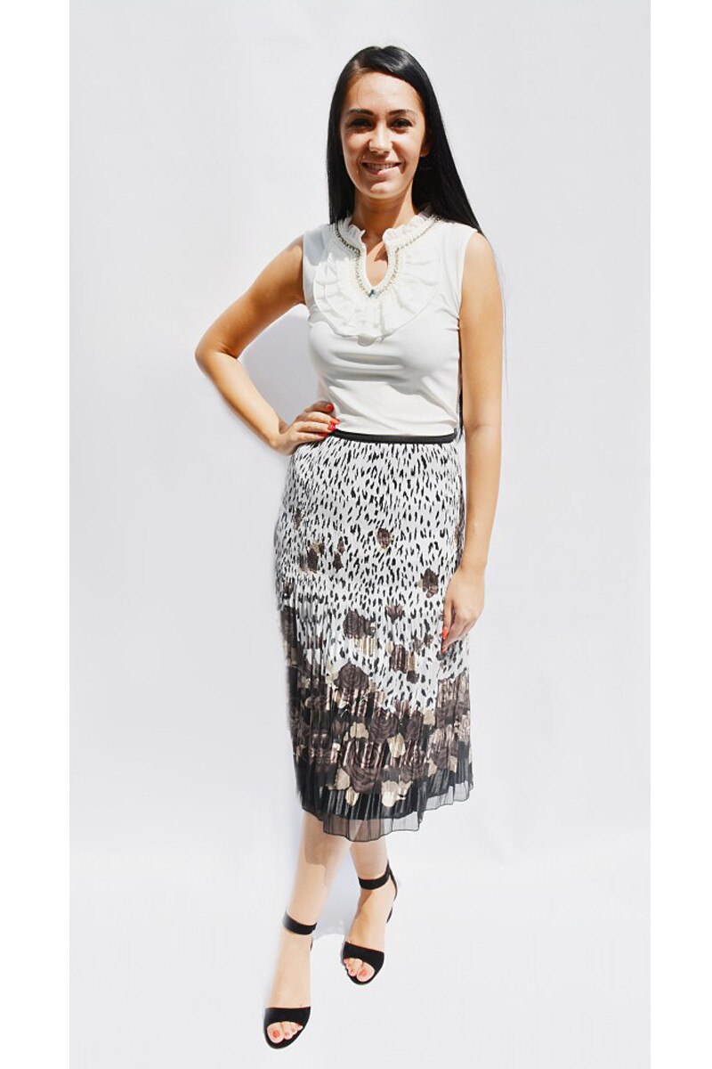 Fusta de lungime medie cu imprimeu floral, D&J Exclusive, Alb-negru-maro, 40 EU