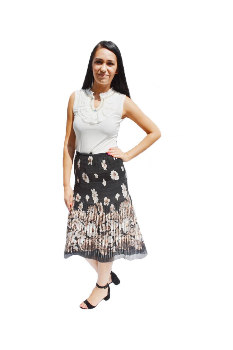 Fusta de lungime medie cu imprimeu floral, D&J Exclusive, Negru/Maro, 40