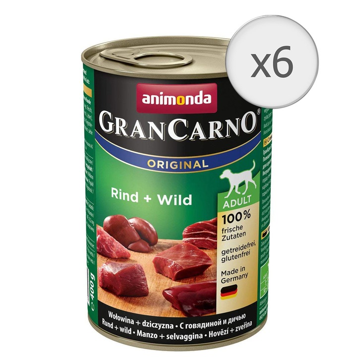 Hrana umeda pentru caini GranCarno Adult, Vita si Vanat, 6 buc x 400g